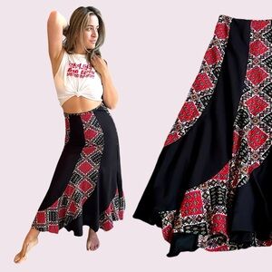 Vintage 70s Patchwork Skirt Maxi Red Black Panels Textile Flared Small Medium